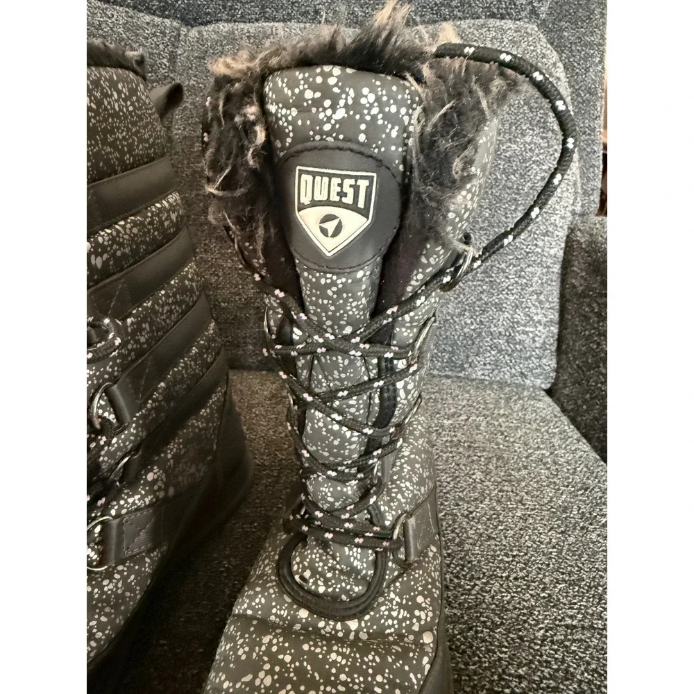 Quest Kids Winter‎ Snow Boots Black White Speckled Fur Lined Lace Up Size 3